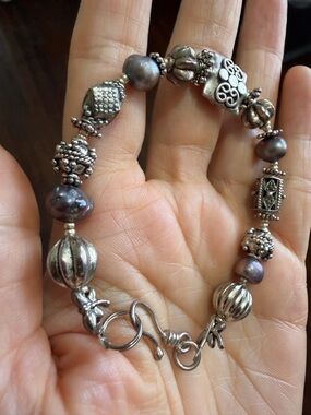 Vintage Bali Talisman Bracelet – Oxidized Silver Tone & Baroque Pearls